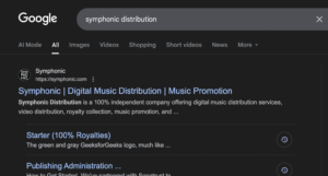 Google search results for "symphonic distribution" showing the Symphonic company website with links to services like music distribution, publishing administration, pricing, and client testimonials.